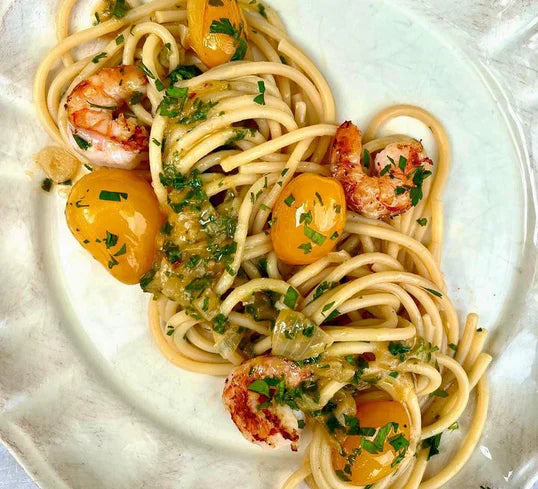 Bucatini Pasta met Gamba's