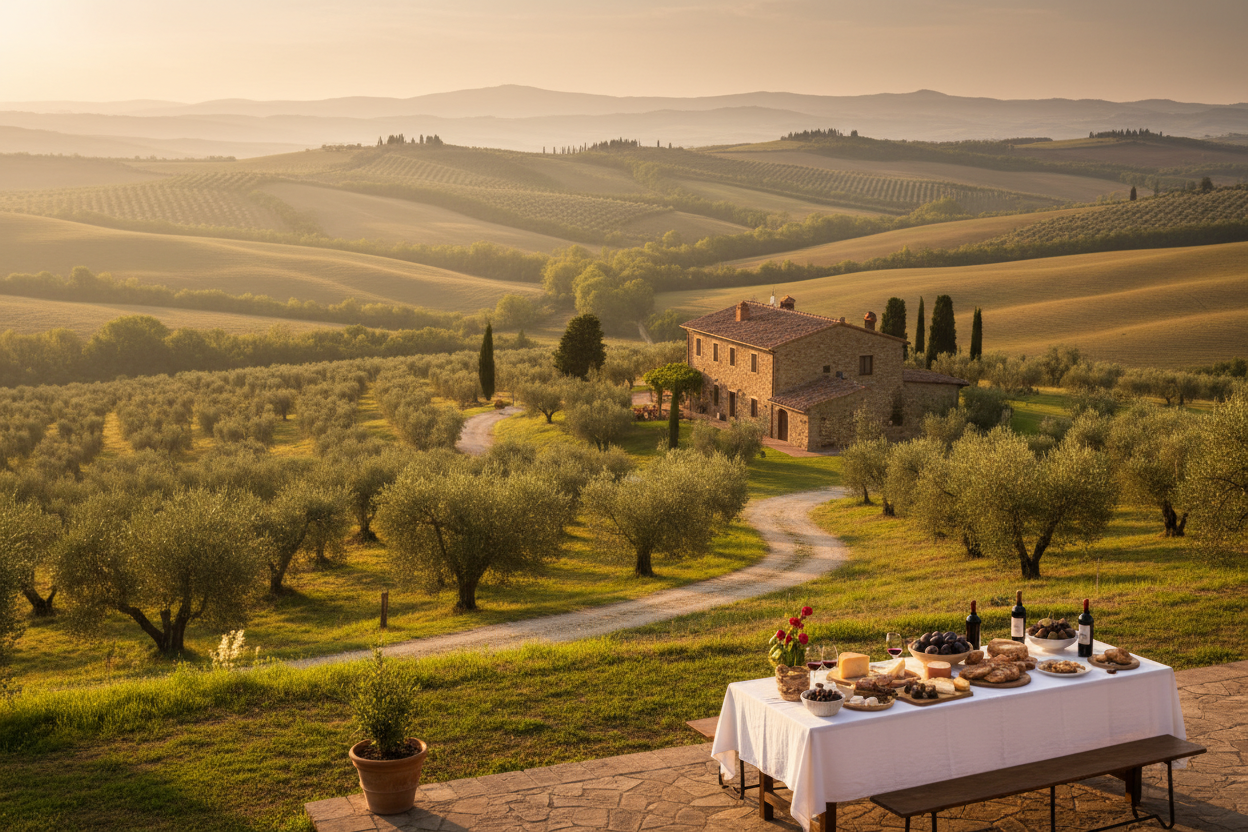 Italiaans landschap heuvelachtig met olijfbomen bij laagstaande zon